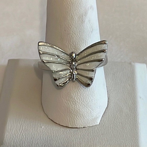 Jewelry - Silver Tone & White Enamel Butterfly Ring, 10